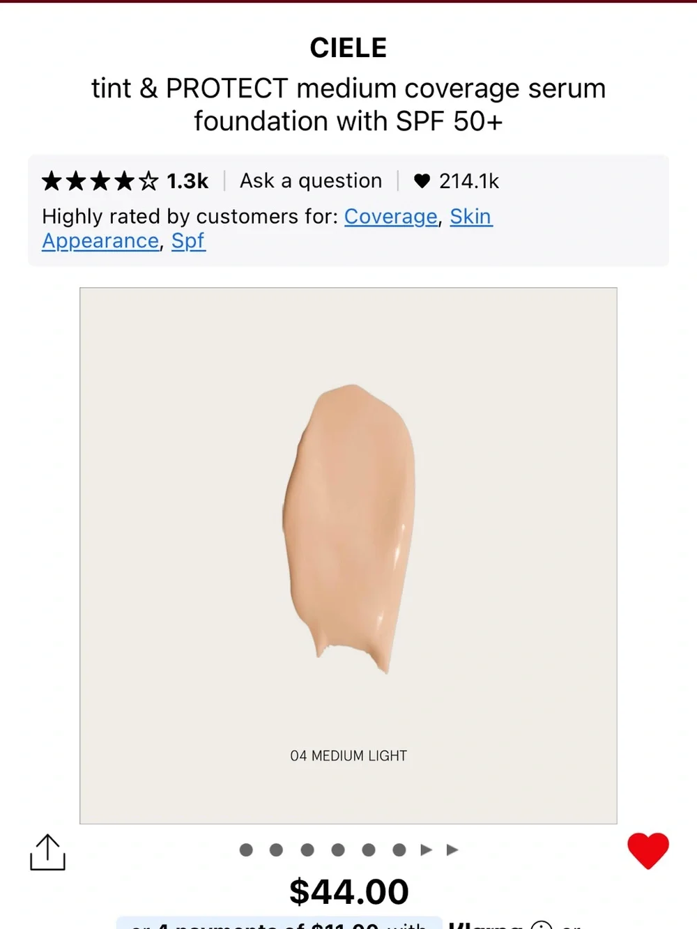 NWT Ciele Tint & Protect Serum Foundation SPF 50+ shade 4 light med